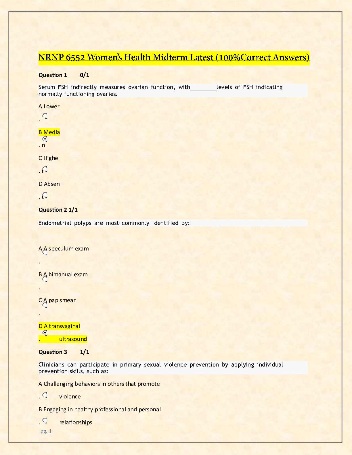 Recommended document preview for NRNP 6552 Women’s Health Midterm Latest (100%Correct Answers) 2024