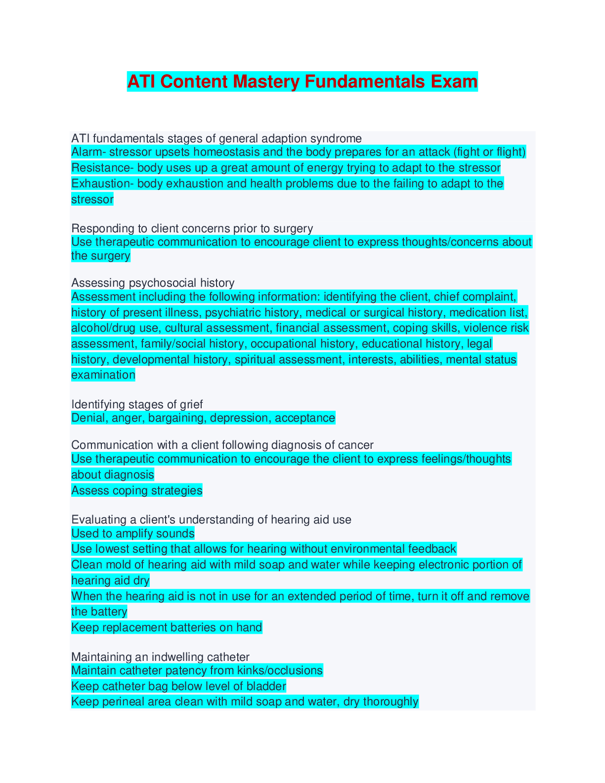 Preview of ATI Content Mastery Fundamentals Exam - Questions and Answers