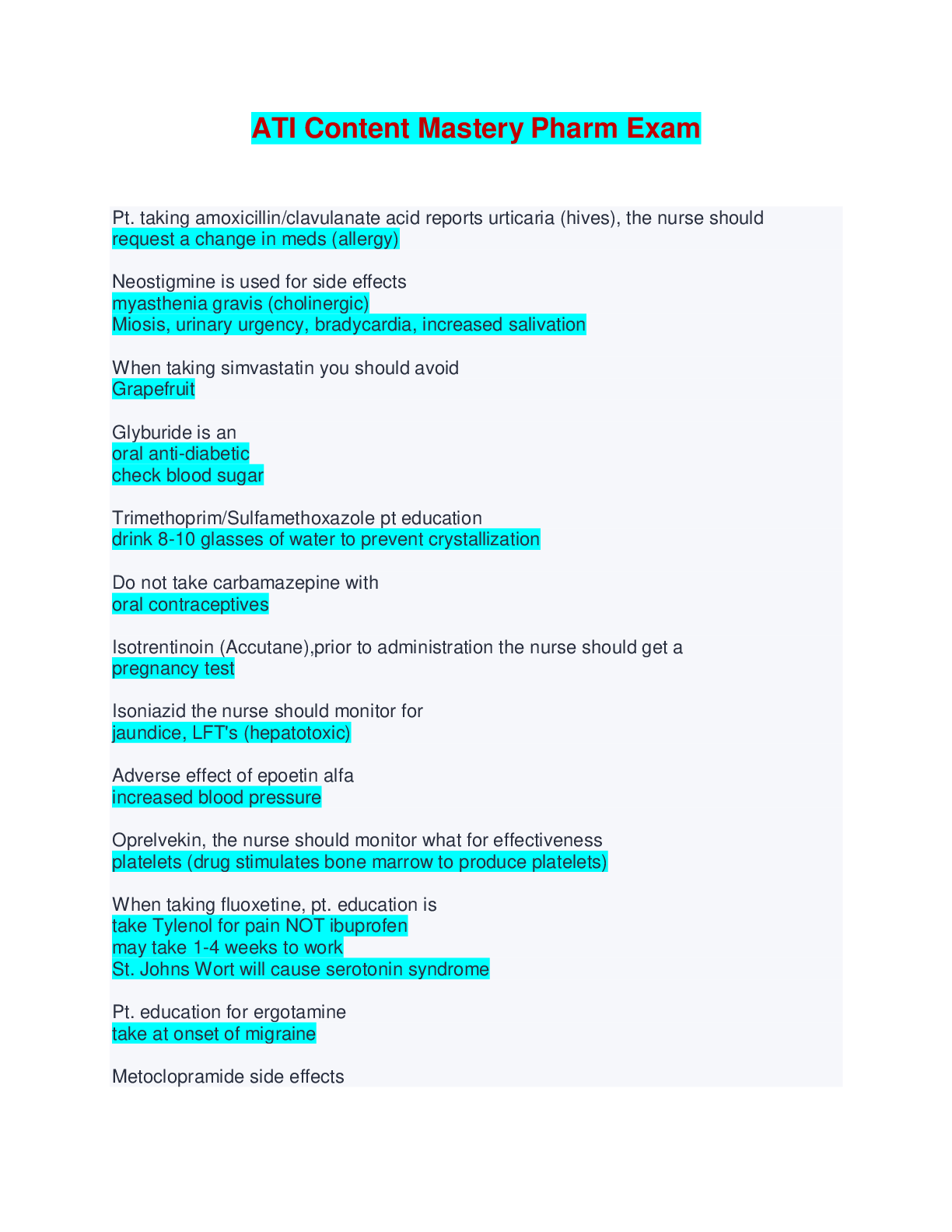 Preview of ATI Content Mastery Pharm Exam - Questions and Answers