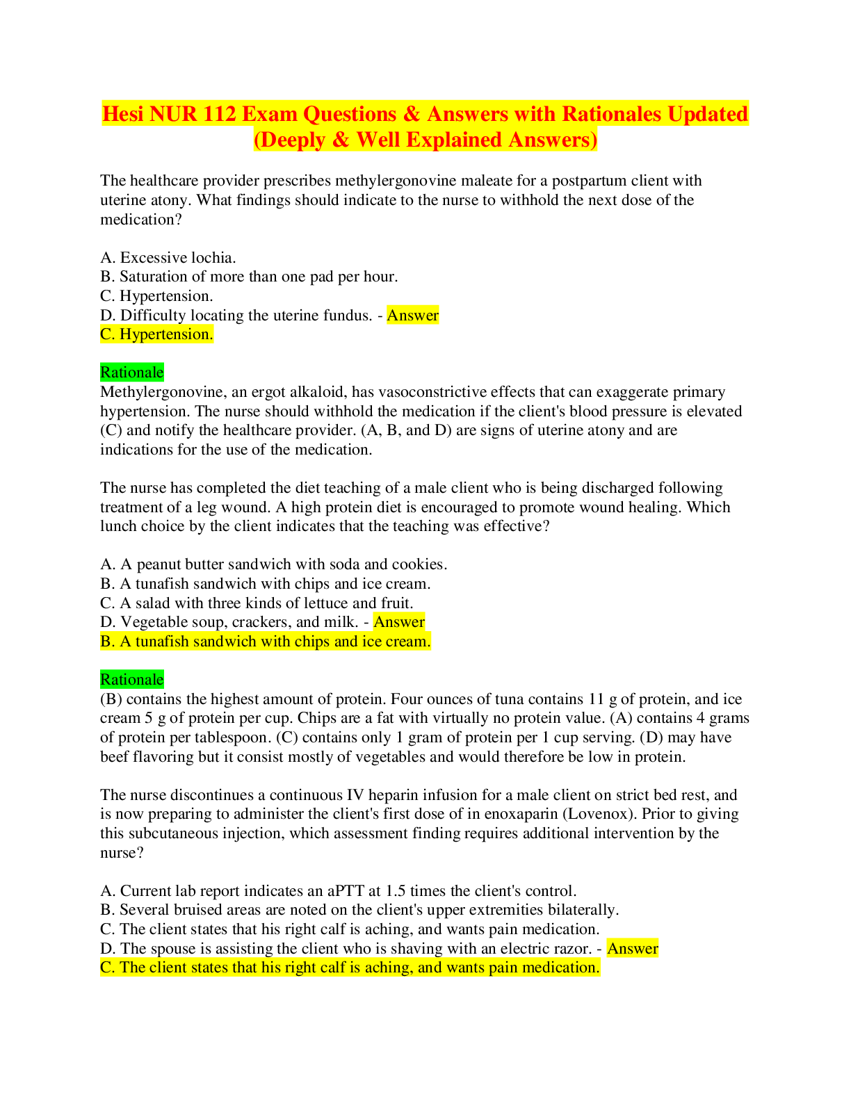 Preview image for Hesi NUR 112 Exam Questions & Answers with Rationales Updated (Deeply & Well Explained Answers)