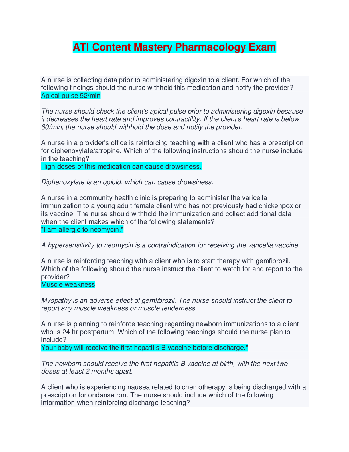 Preview of ATI Content Mastery Pharmacology Exam - Answered with Rationales