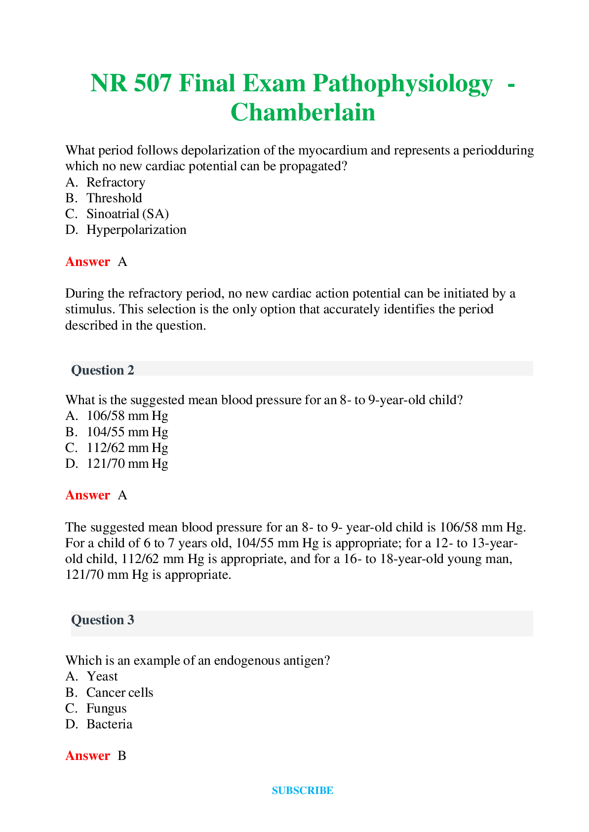 Preview of NR 50 Final Exam Pathophysiology  - Chamberlain Questions & Answers with rationales