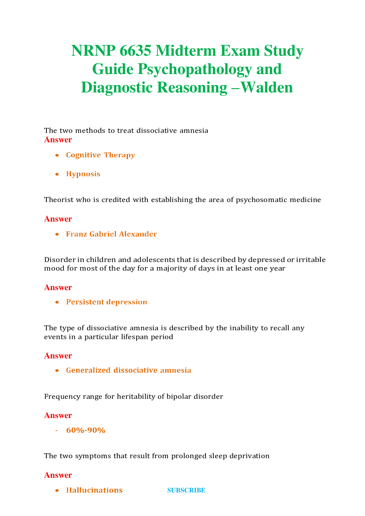 NRNP 6635  | Midterm Exam Study Guide Psychopathology and Diagnostic Reasoning - Walden Questions & Answers with rationales
