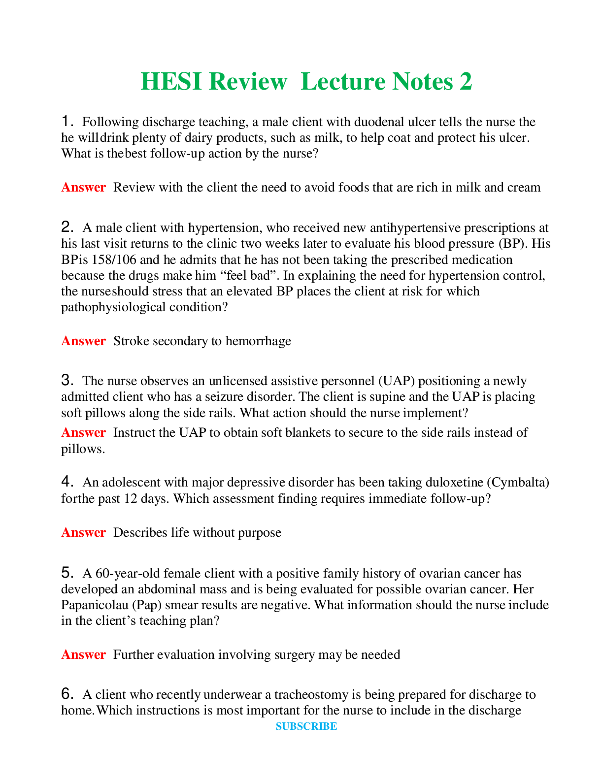   HESI Review Lecture Notes 2  Questions & Answers with rationales