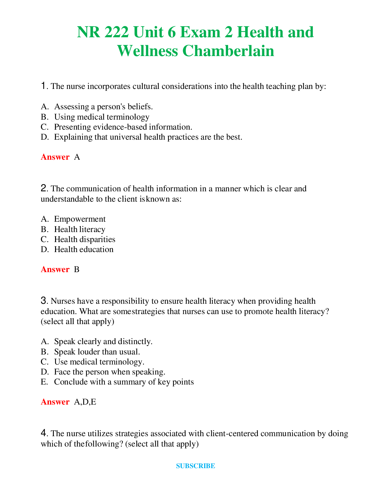 Preview of NR 222  Unit 6 Exam 2 Health and Wellness Chamberlain  Questions and Answers (Verified Ans