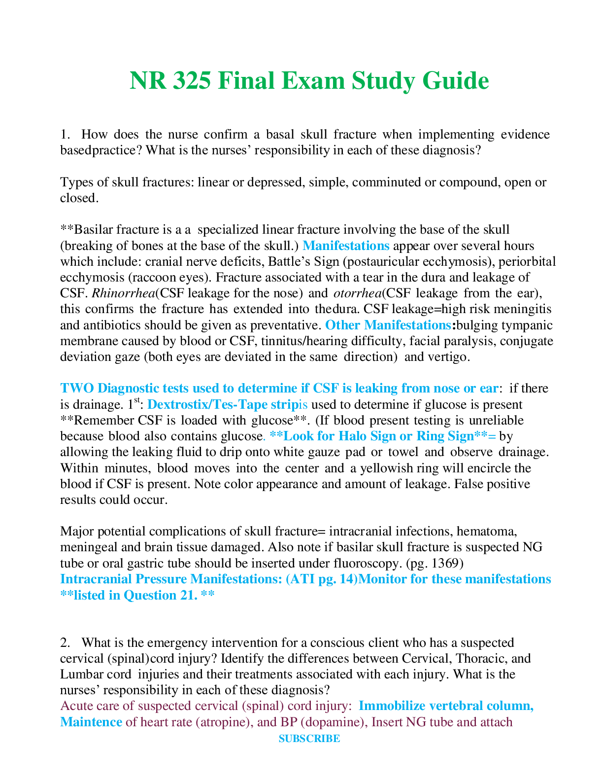 Preview of NR 325   Final Exam Study Guide  Questions and Answers (Verified Answers)