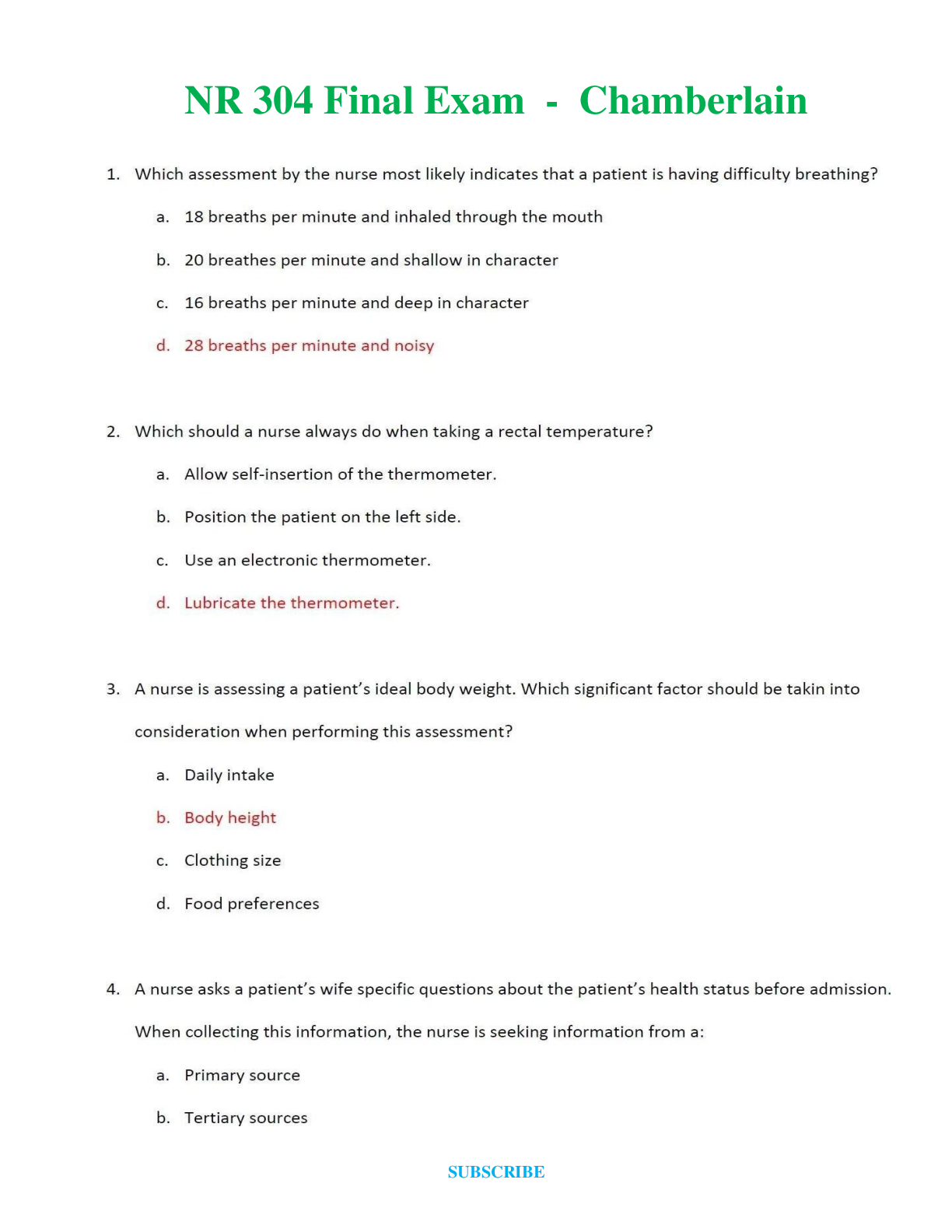 Preview of NR 304   Final Exam  -  Chamberlain  Questions and Answers (Verified Answers)