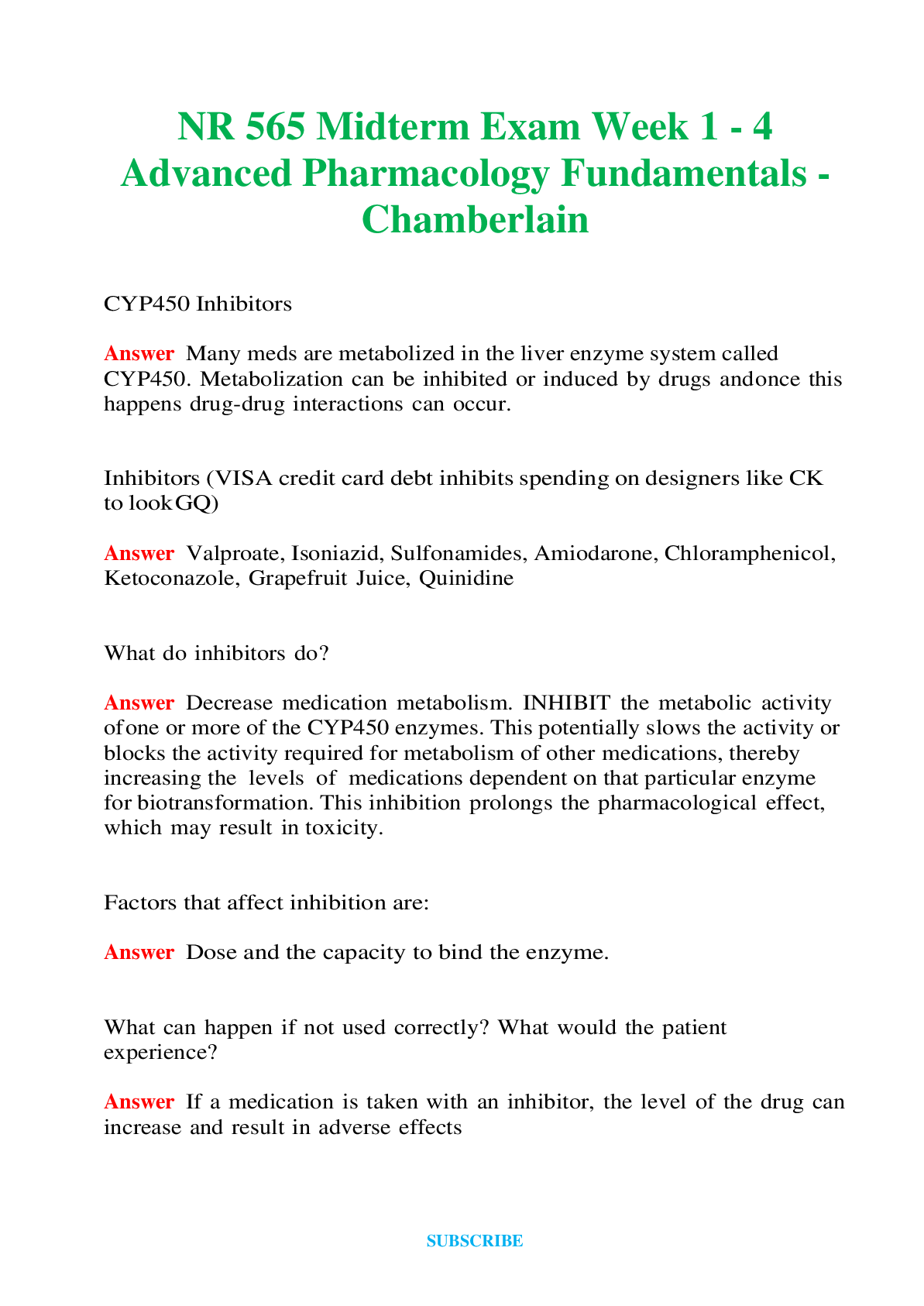 Recommended document preview for NR 565    Midterm Exam Week 1 - 4 Advanced Pharmacology Fundamentals - Chamberlain Questions and Answers (Verified Answers)