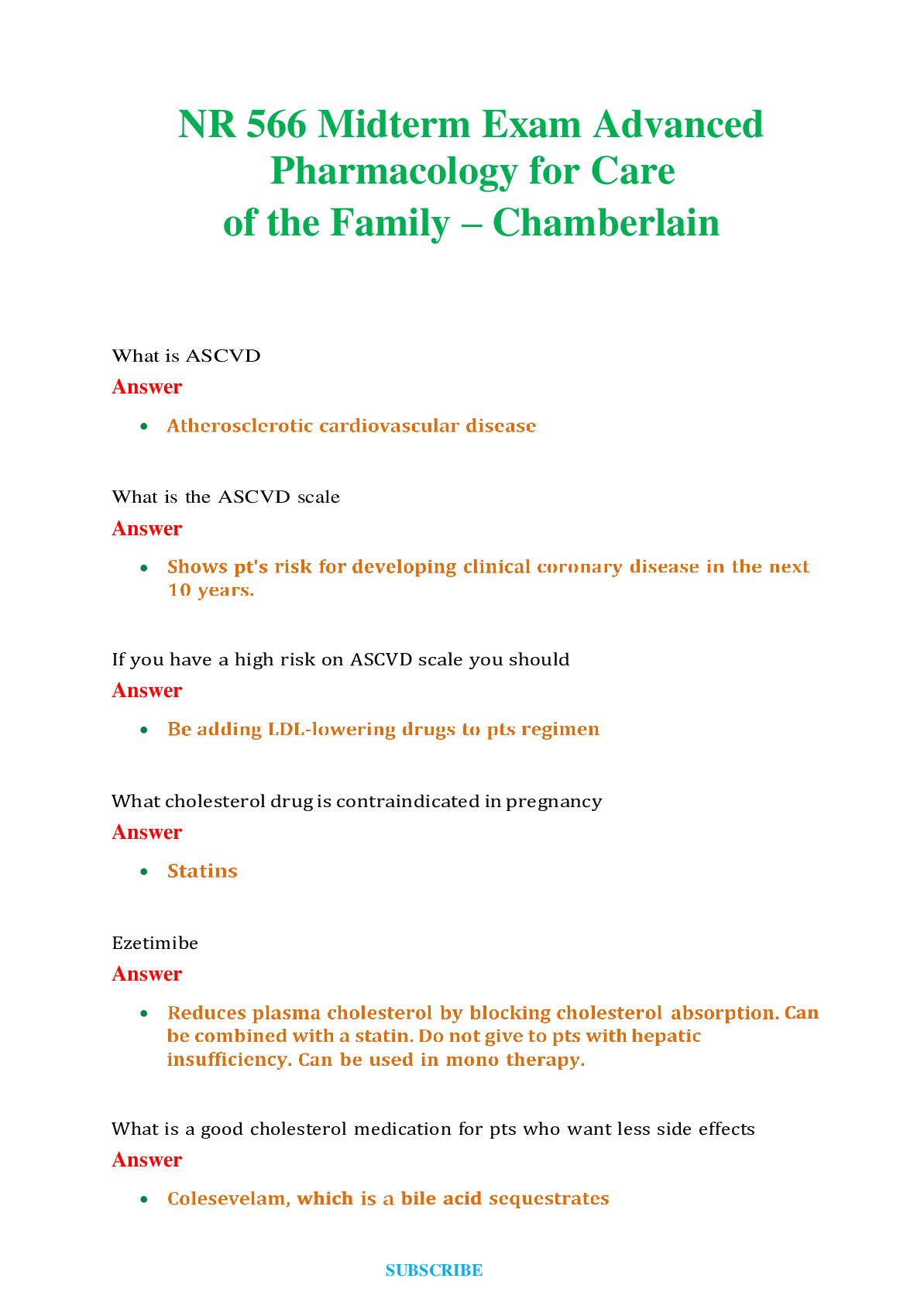 Recommended document preview for NR 566    Midterm Exam Advanced Pharmacology for Care of the Family - Chamberlain Questions and Answers (Verified Answers)
