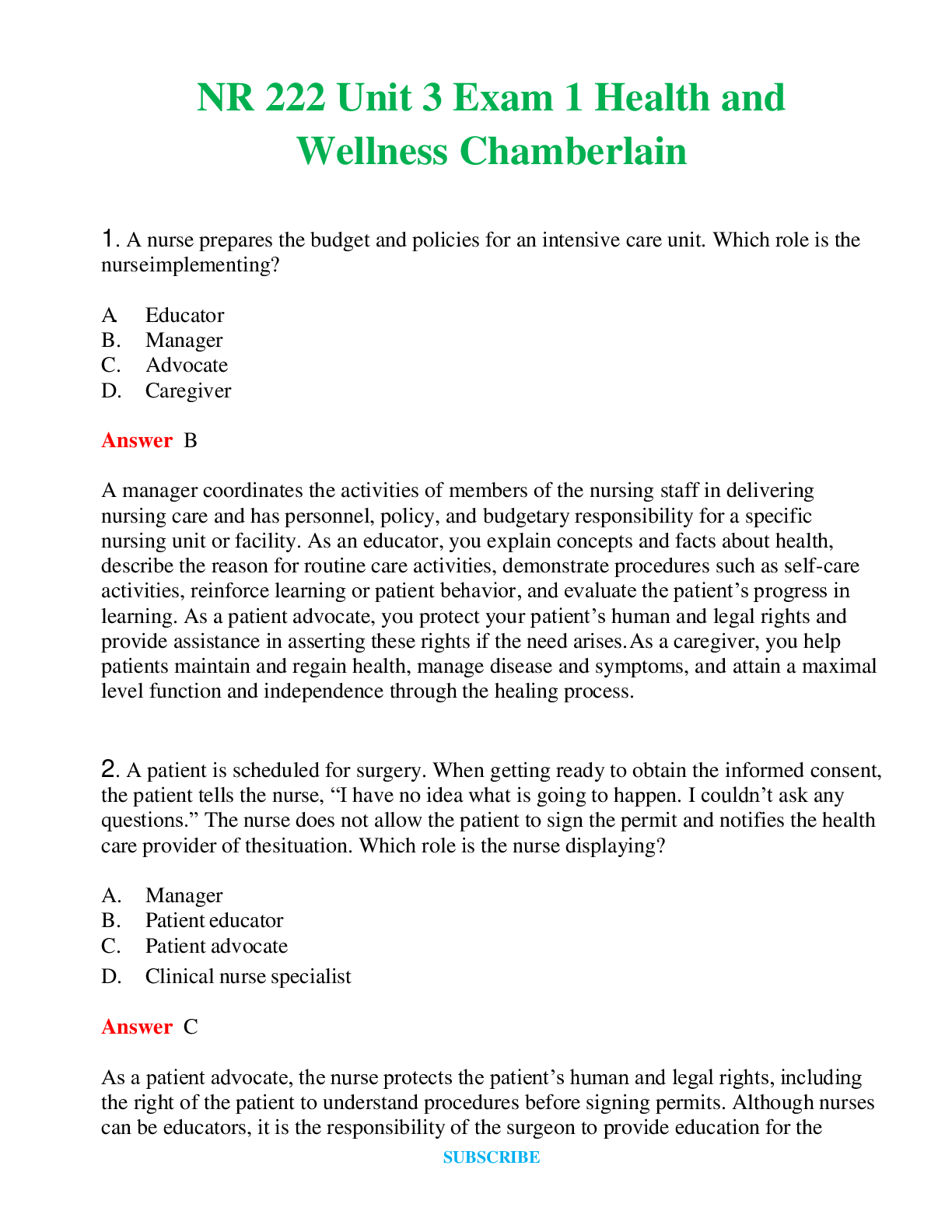 Preview of NR 222    Unit 3 Exam 1 Health and Wellness Chamberlain Questions and Answers (Verified An