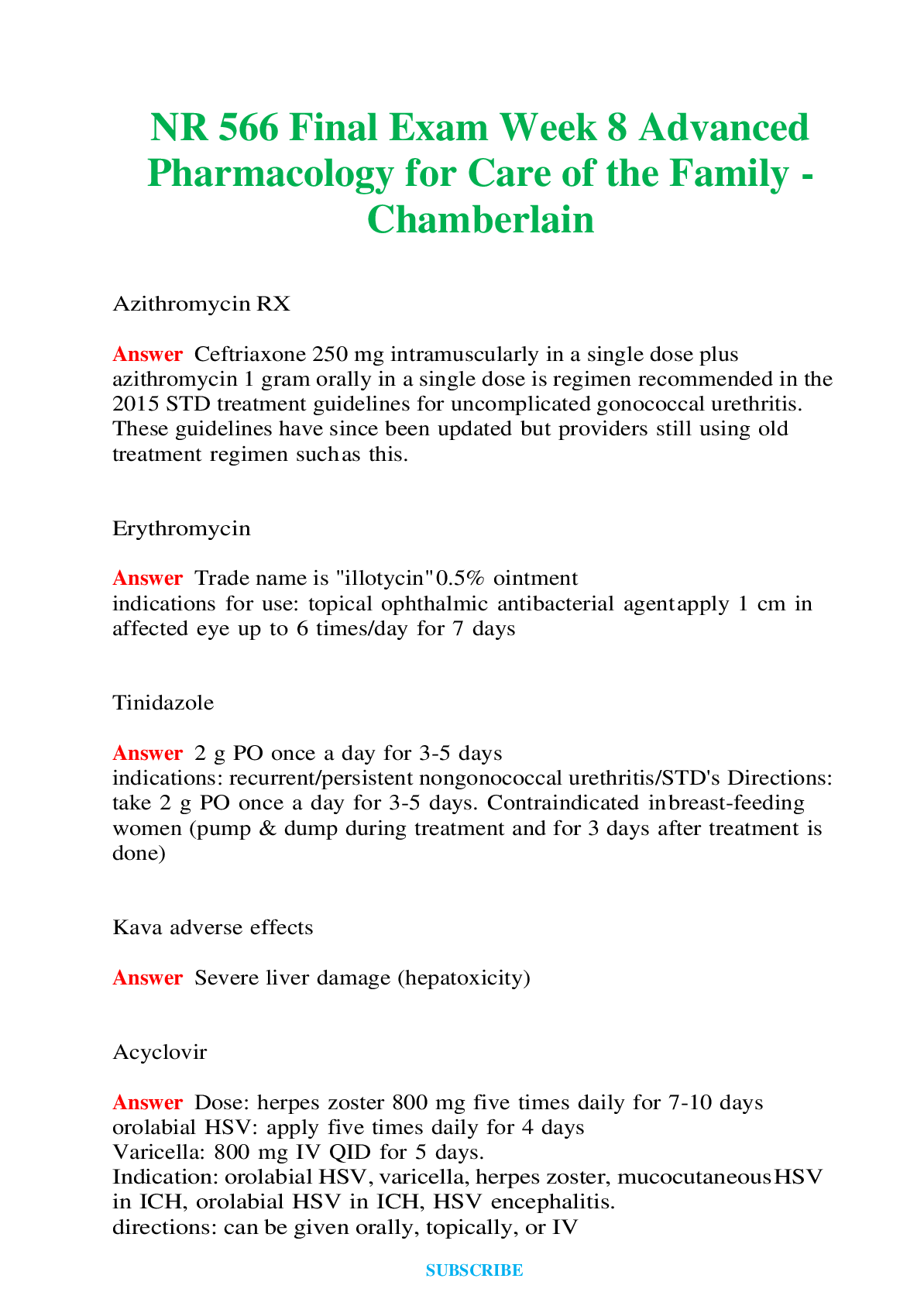 Recommended document preview for NR 566   Final Exam Week 8 Advanced Pharmacology for Care of the Family - Chamberlain  Questions and Answers (Verified Answers)