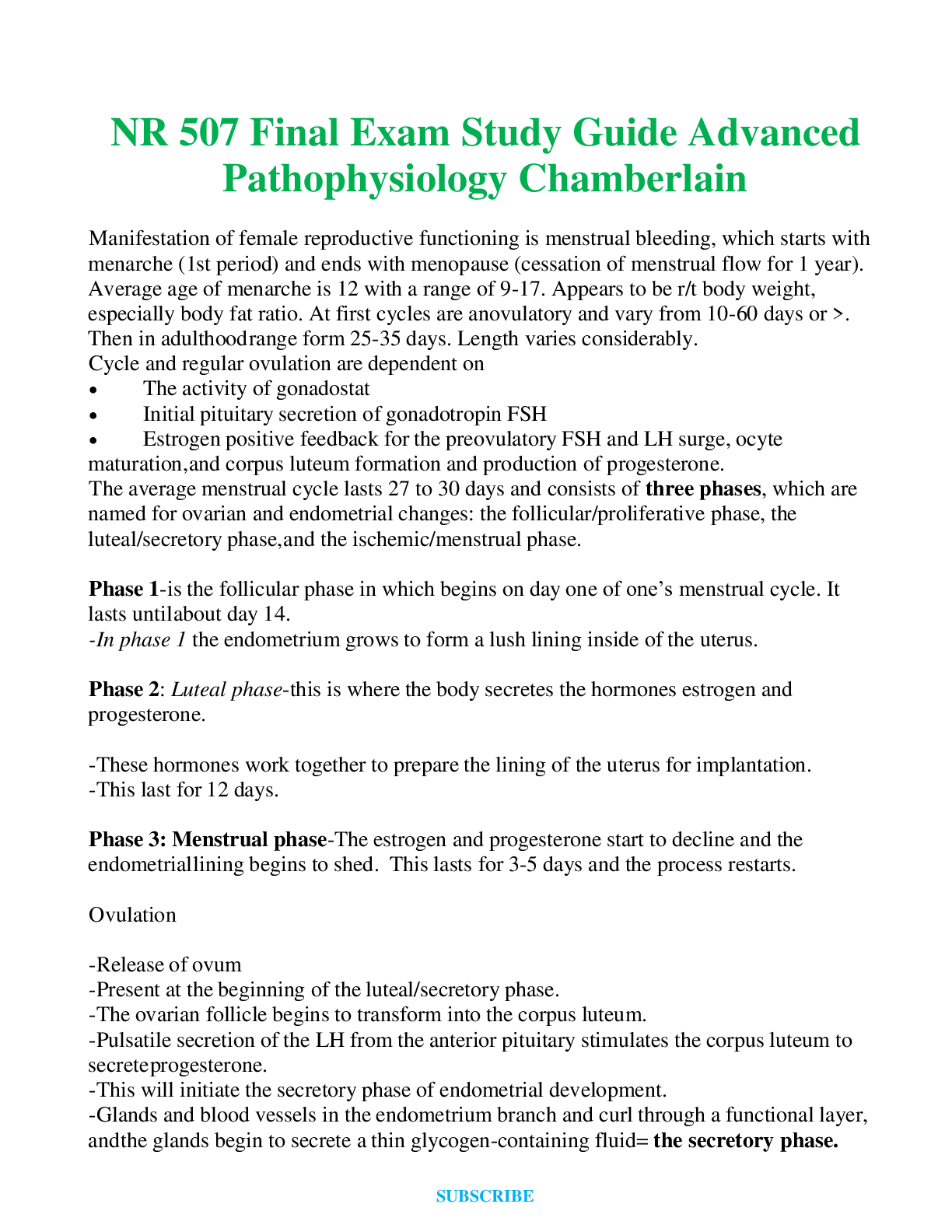 Recommended document preview for NR 507     Final Exam Study Guide Advanced Pathophysiology Chamberlain Questions and Answers (Verified Answers)
