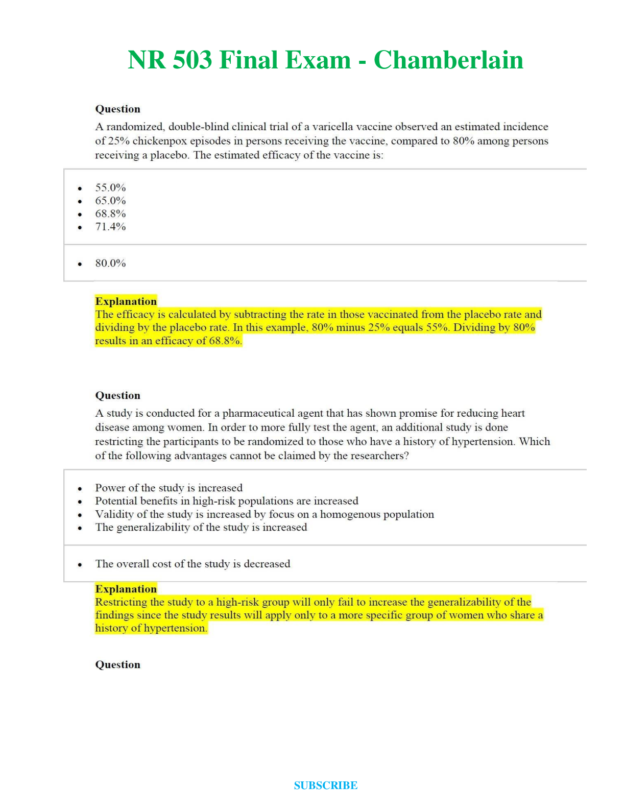 Preview of NR 503   Final Exam  - Chamberlain Questions and Answers (Verified Answers)