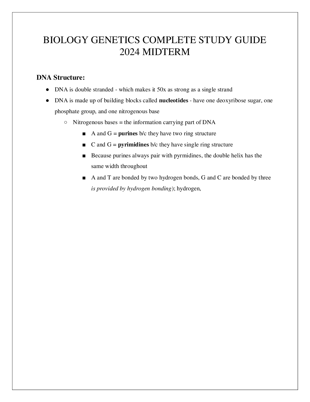 Preview image of BIOLOGY GENETICS COMPLETE STUDY GUIDE 2024 MIDTERM document