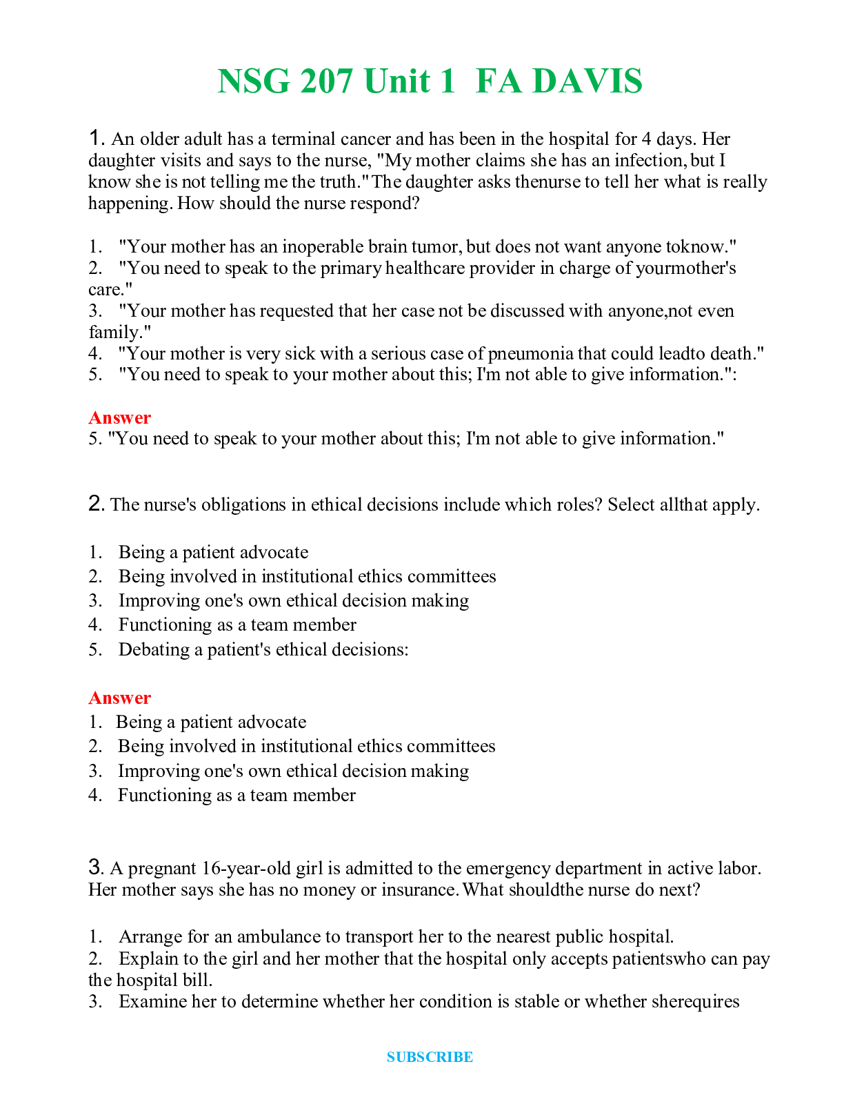 NSG 207 Unit 1  FA DAVIS  | Questions & Answers with rationales