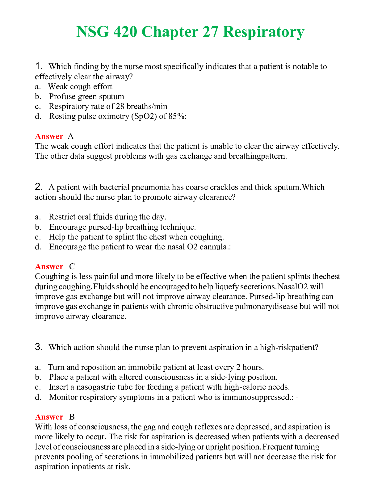 Preview of NSG 420 Chapter 27 Respiratory | Questions &amp; Answers with rationales