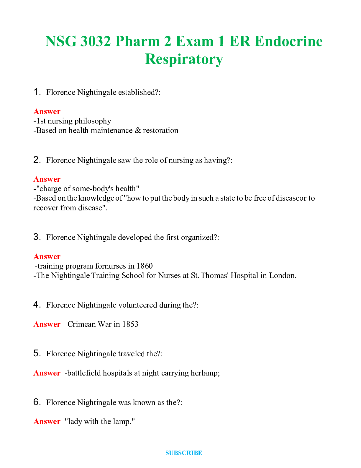 NSG 3032 Pharm 2 Exam 1 ER Endocrine Respiratory Actual Exam   Q & A  (Graded A+ )