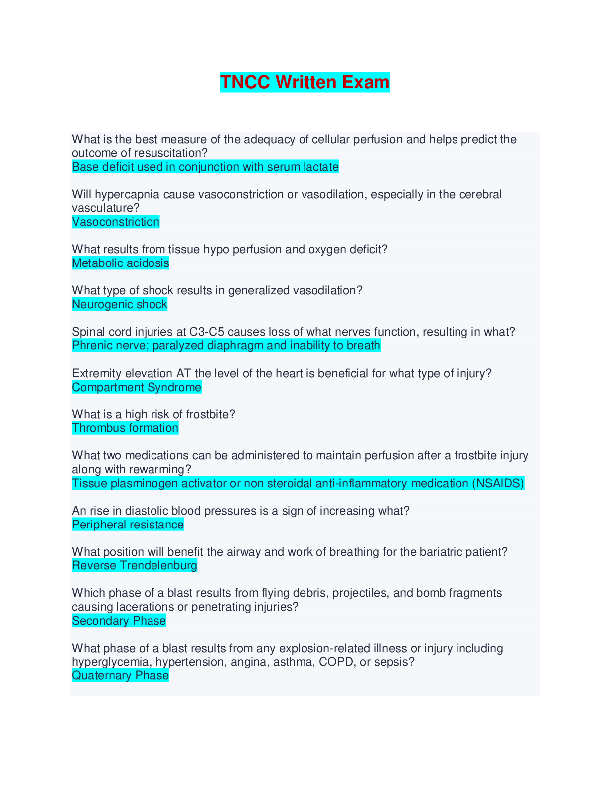 TNCC Written Exam - Questions with 100% Correct Answers