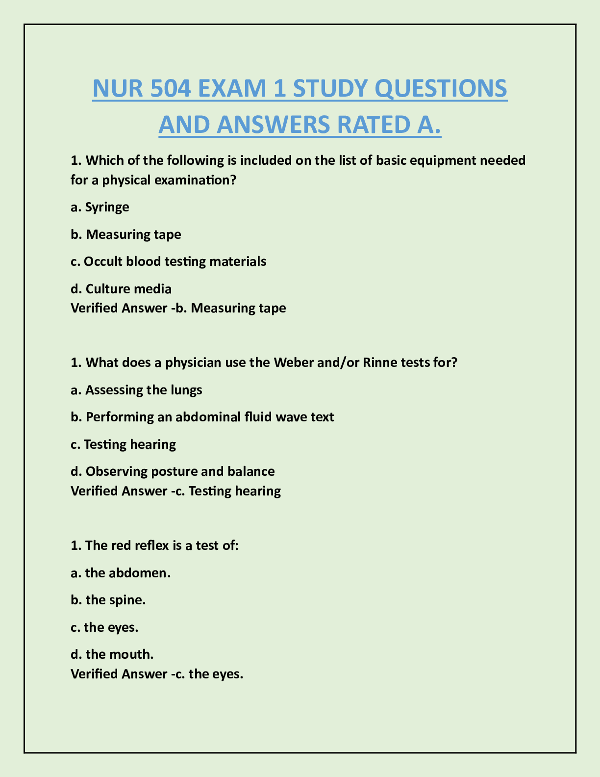 NUR 504 EXAM 1 STUDY QUESTIONS  AND ANSWERS RATED A