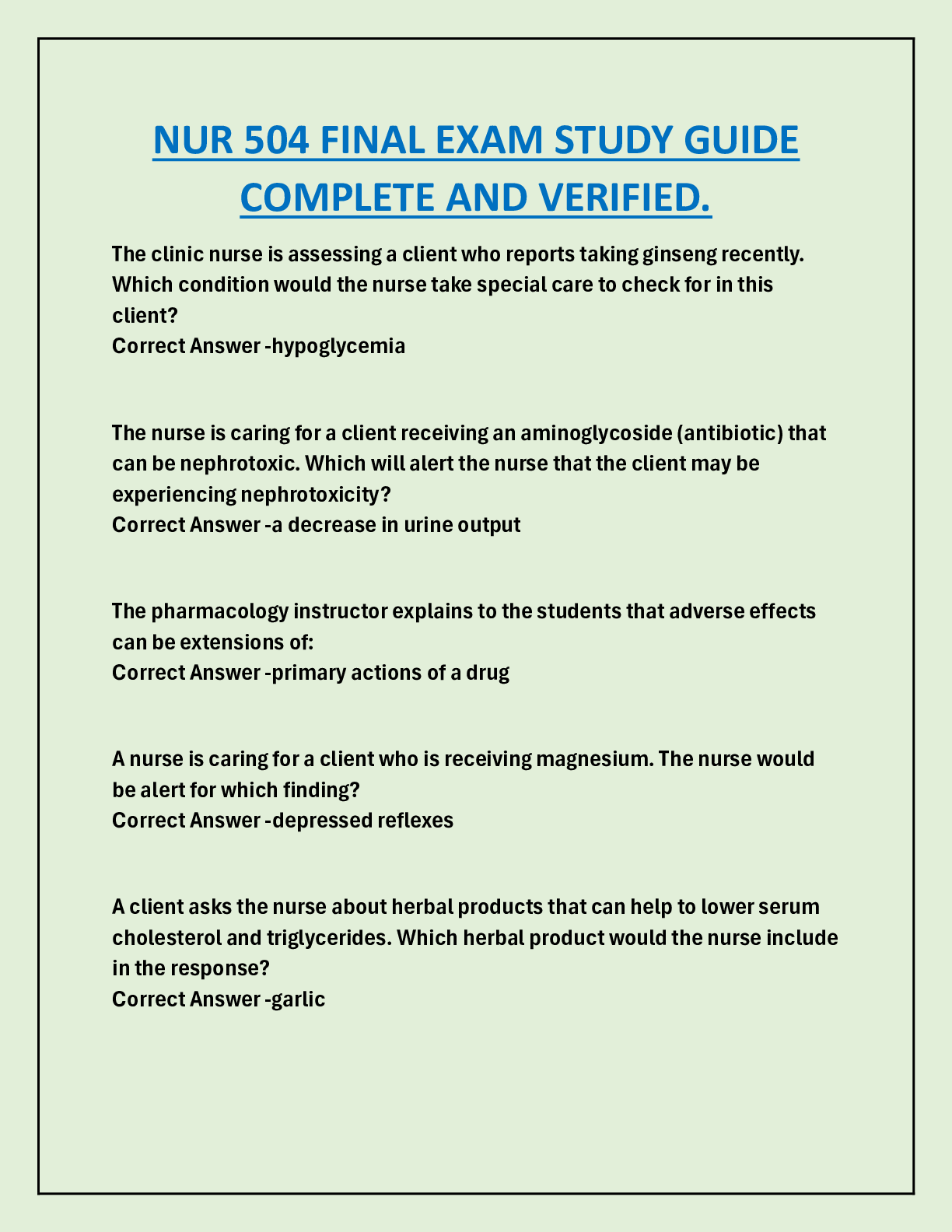 NUR 504 FINAL EXAM STUDY GUIDE  COMPLETE AND VERIFIED