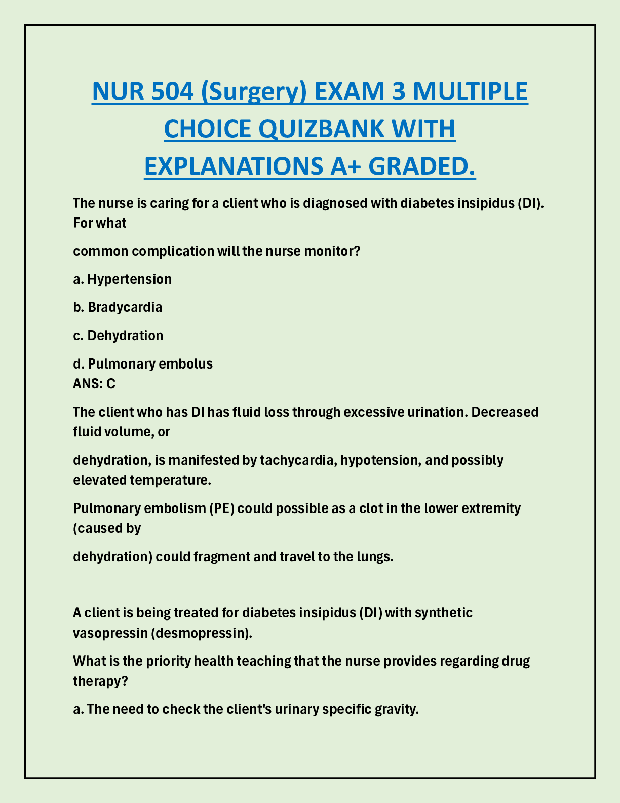 NUR 504 (Surgery) EXAM 3 MULTIPLE  CHOICE QUIZBANK WITH  EXPLANATIONS A+ GRADED.
