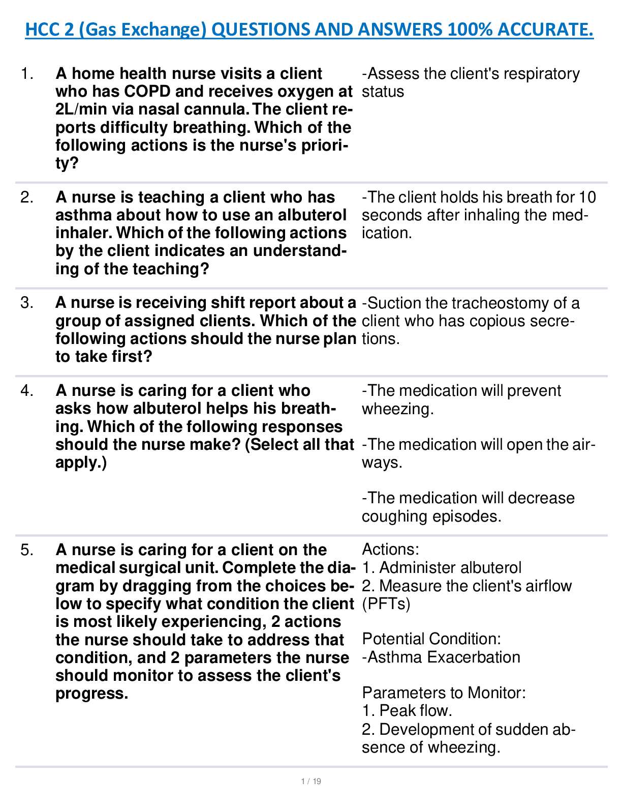 Preview image for HCC 2 (Gas Exchange) QUESTIONS AND ANSWERS 100% ACCURATE.