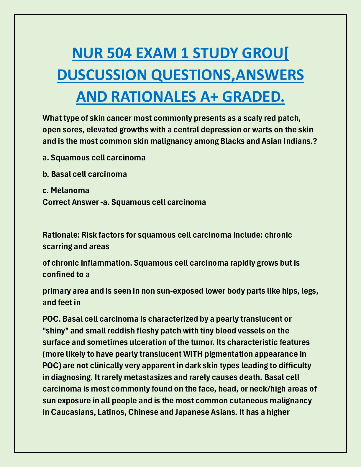 NUR 504 EXAM 1 STUDY GROU[P DISCUSSION QUESTIONS,ANSWERS  AND RATIONALES A+ GRADED.