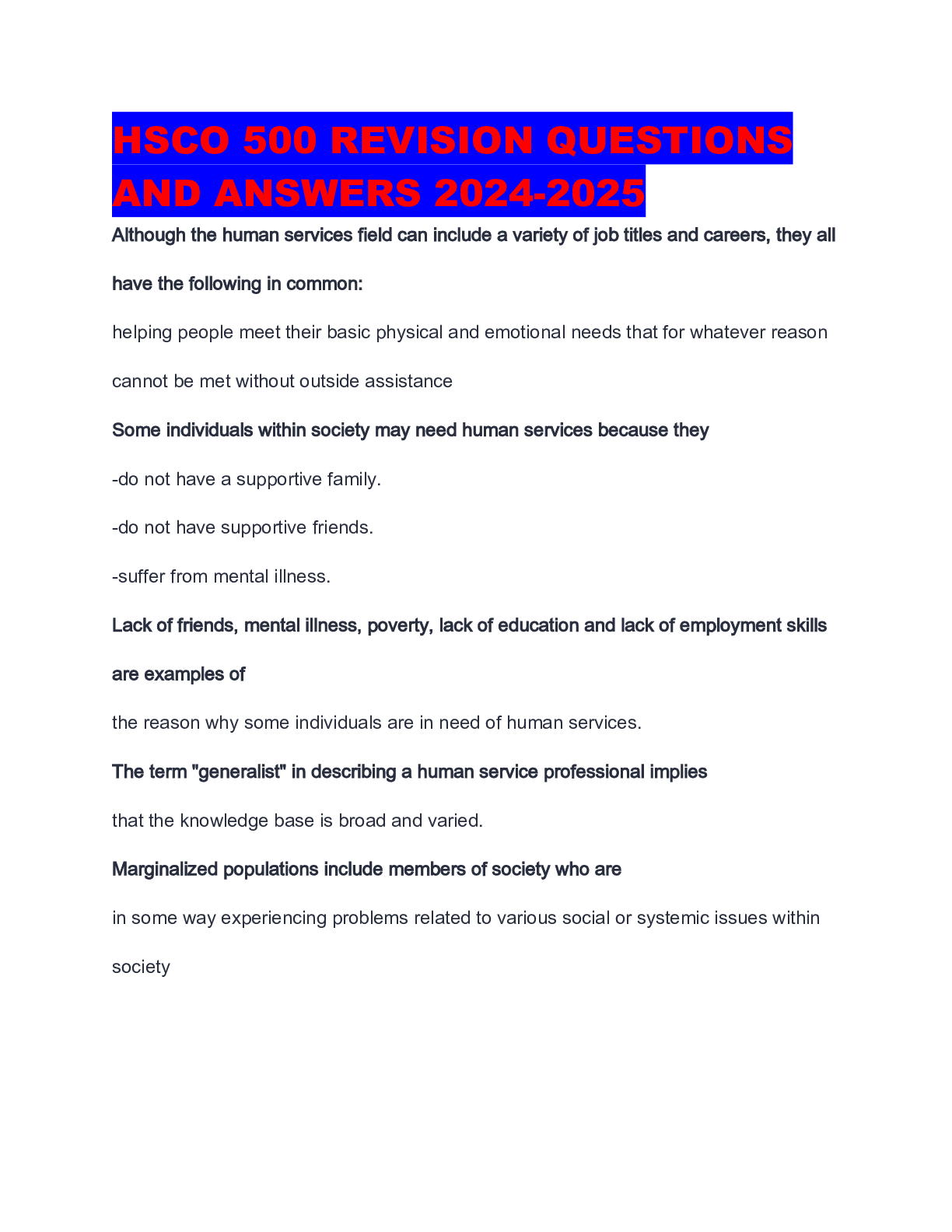 Preview of HSCO 500 REVISION QUESTIONS AND ANSWERS 2024-2025
