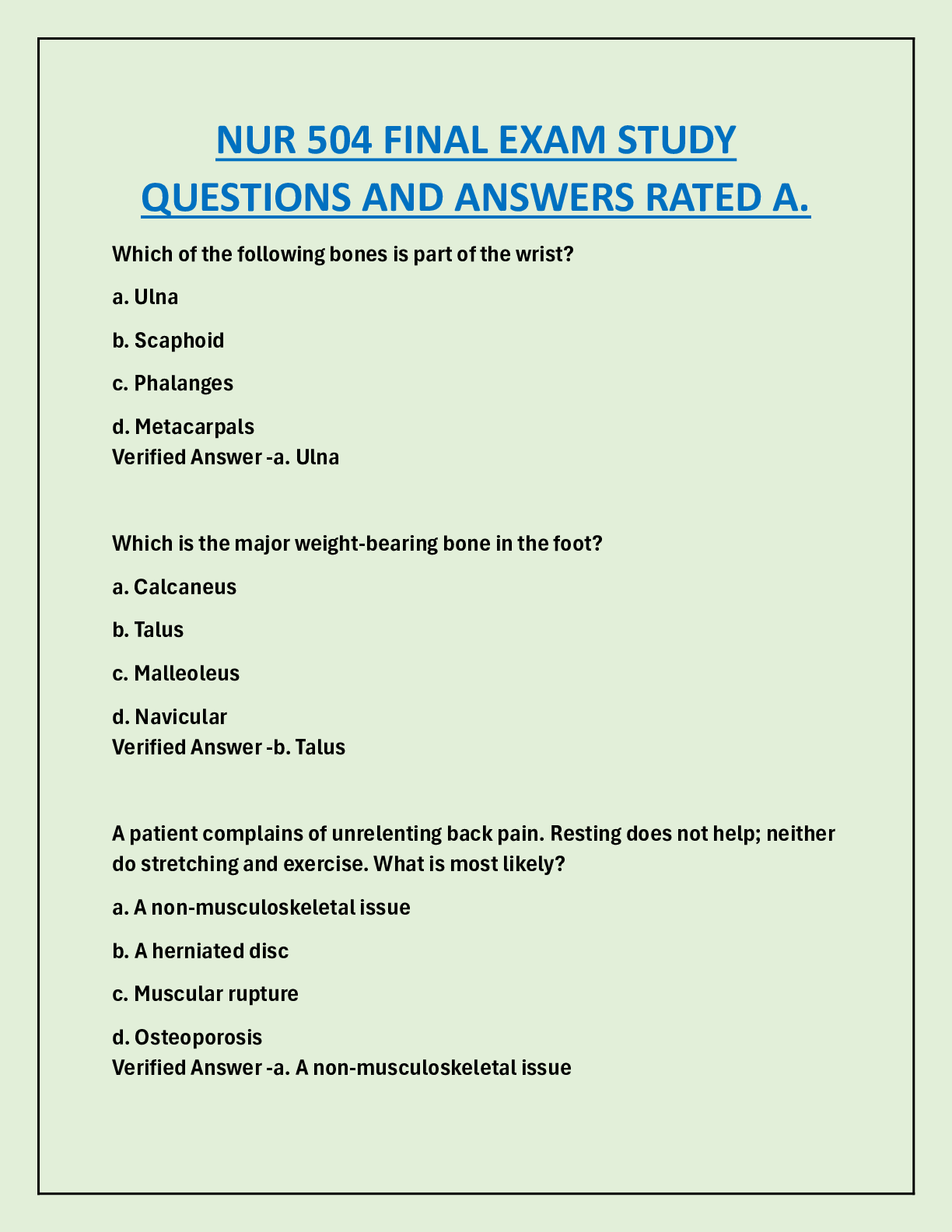 NUR 504 FINAL EXAM STUDY  QUESTIONS AND ANSWERS RATED A.