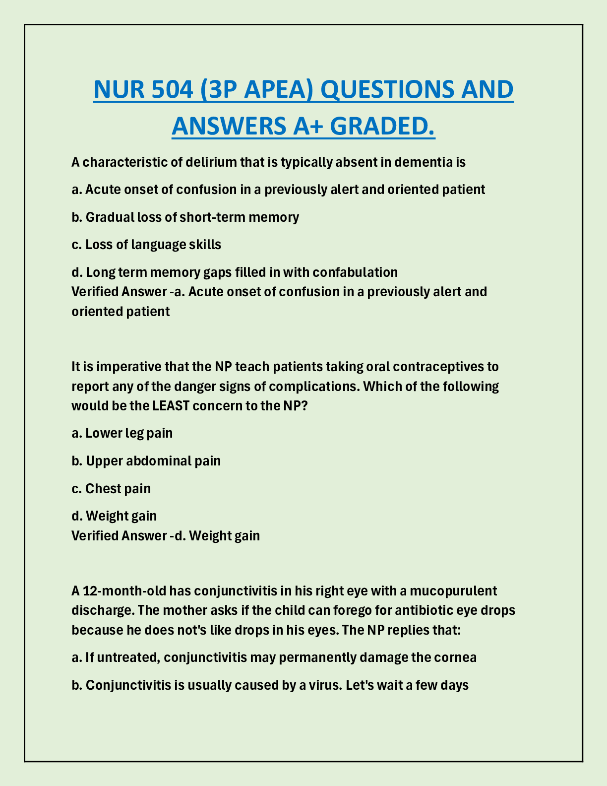 Preview of NUR 504 (3P APEA) QUESTIONS AND  ANSWERS A+ GRADED.
