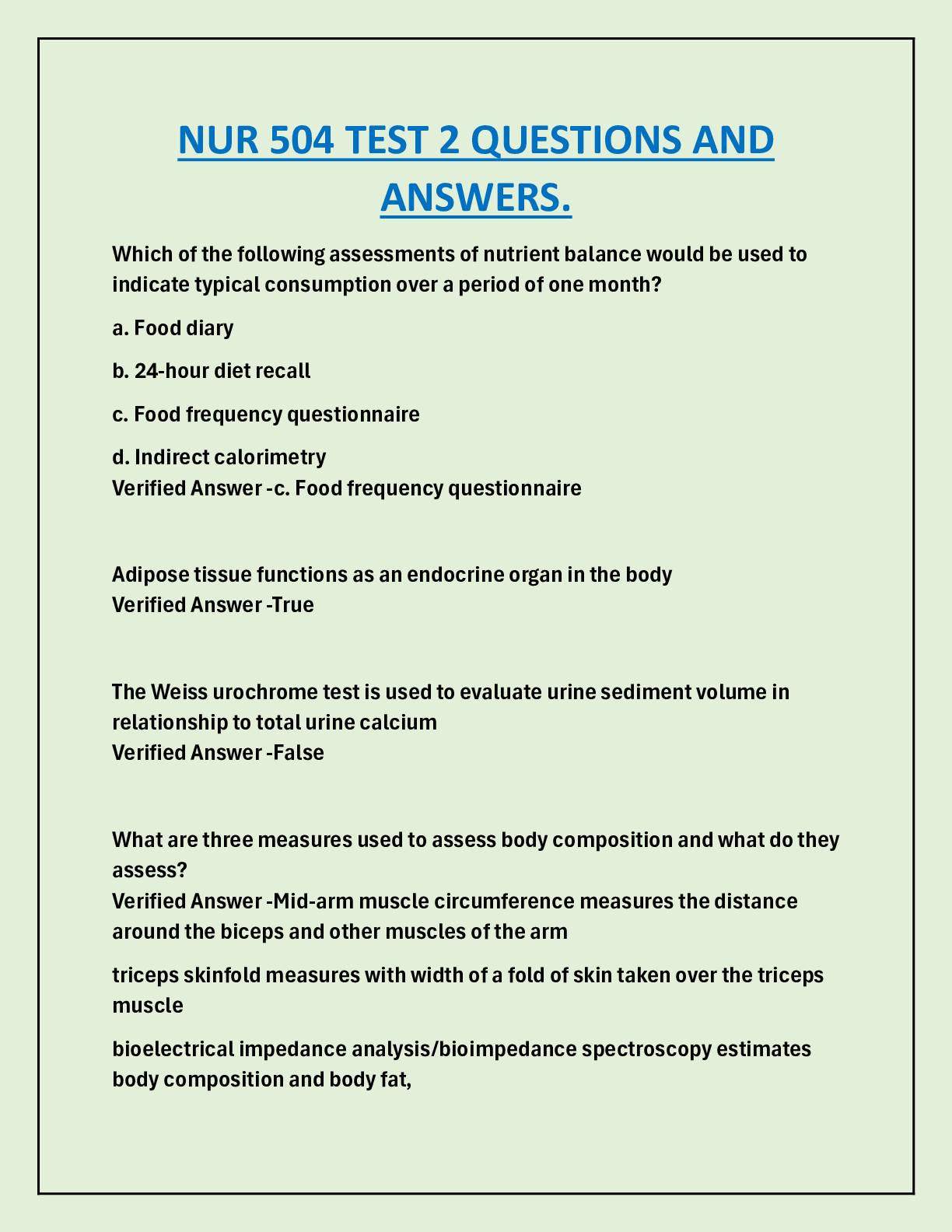 NUR 504 TEST 2 QUESTIONS AND  ANSWERS.
