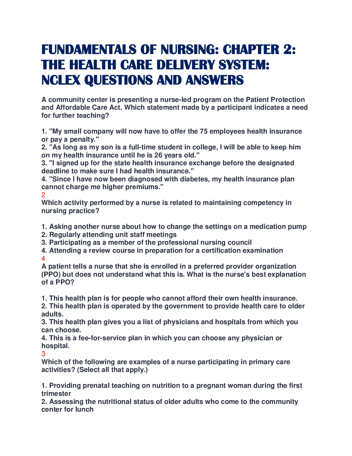 Preview image for FUNDAMENTALS OF NURSING: CHAPTER 2: THE HEALTH CARE DELIVERY SYSTEM: NCLEX QUESTIONS AND ANSWERS