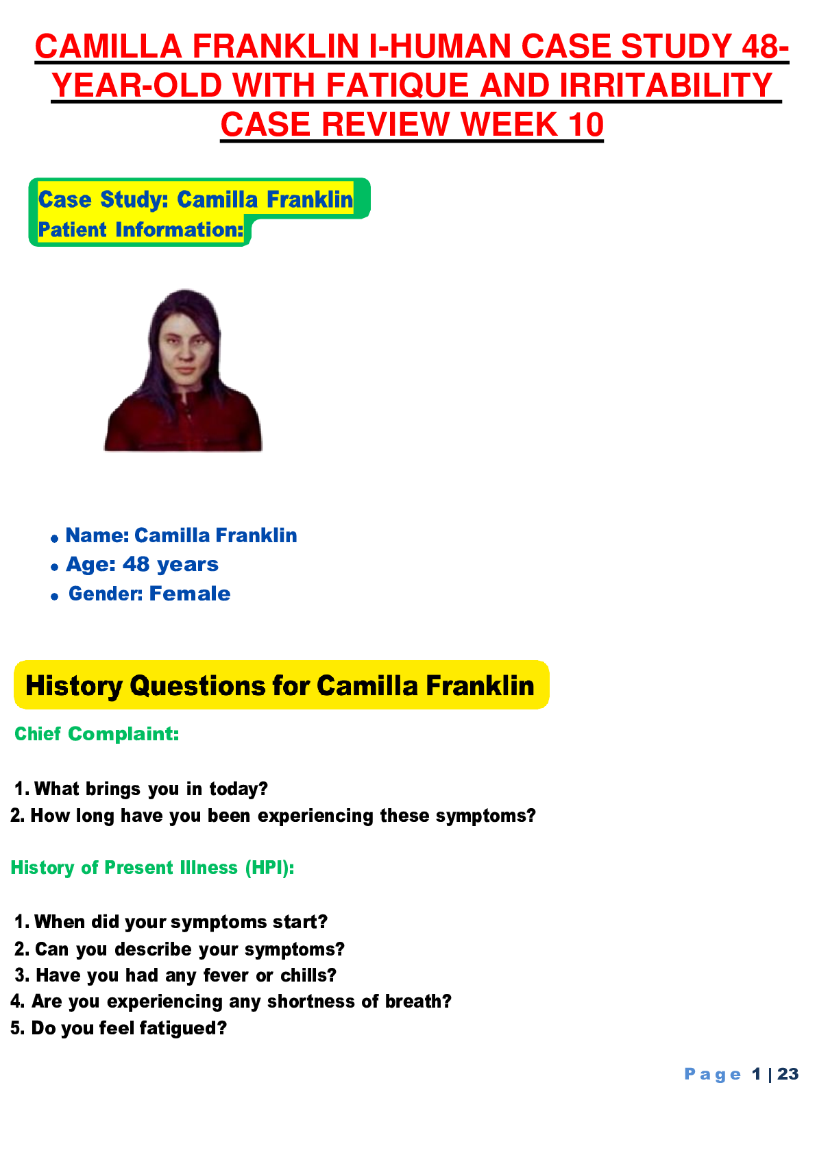Preview image for CAMILLA FRANKLIN I-HUMAN CASE STUDY 48-YEAR-OLD WITH FATIGUE AND IRRITABILITY CASE REVIEW WEEK 10