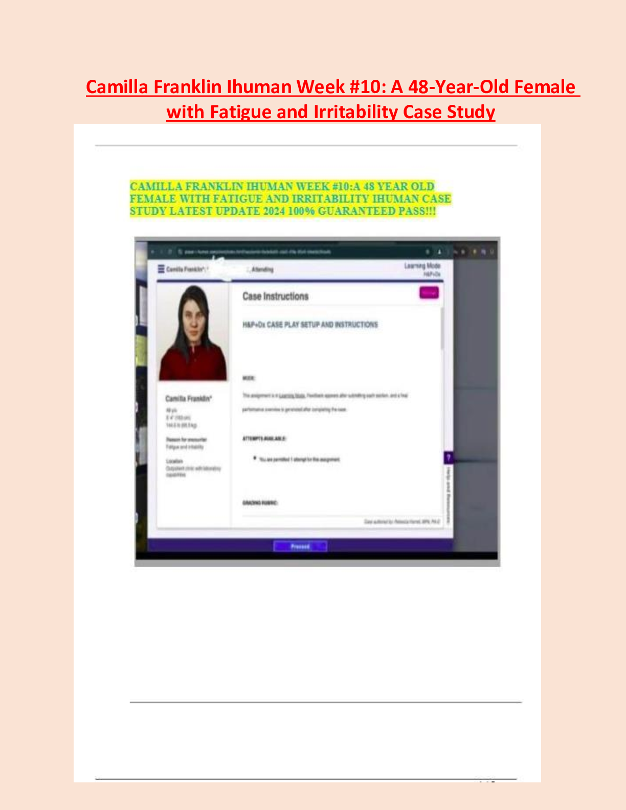 Preview image for Camilla Franklin Ihuman Week #10: A 48-Year-Old Female  with Fatigue and Irritability Case Study