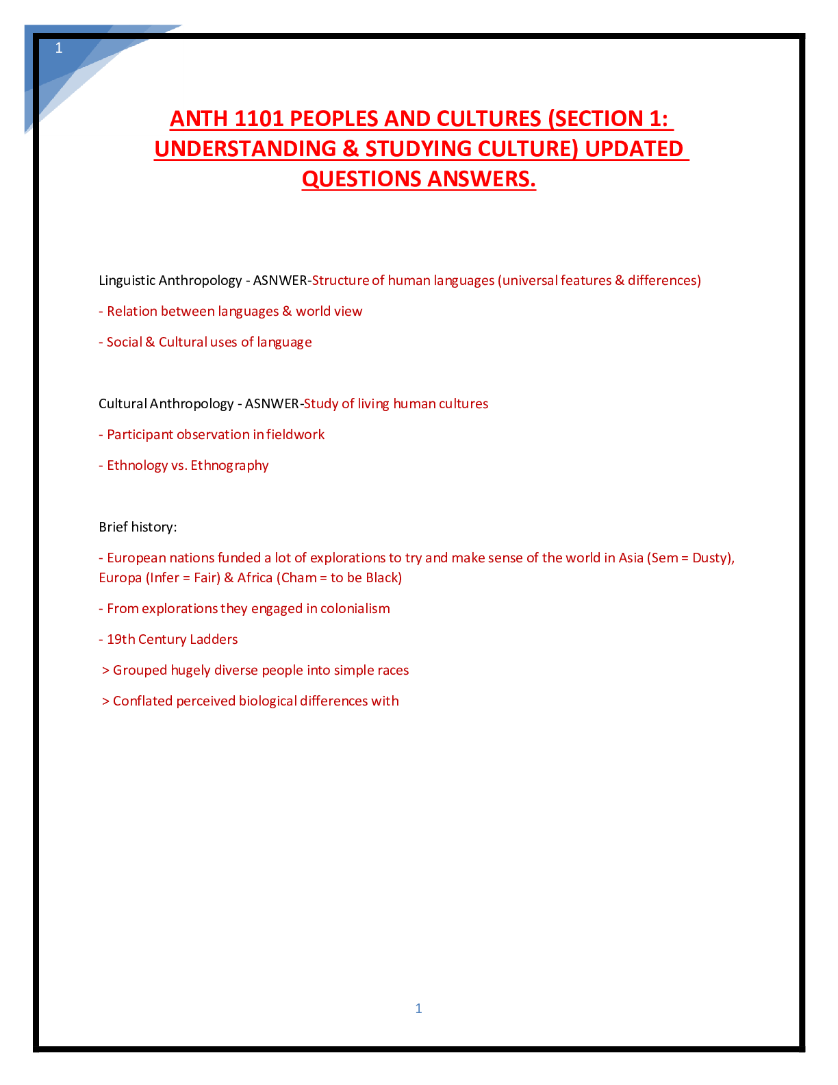 Preview of ANTH 1101 PEOPLES AND CULTURES (SECTION 1: UNDERSTANDING & STUDYING CULTURE) UPDATED QUEST