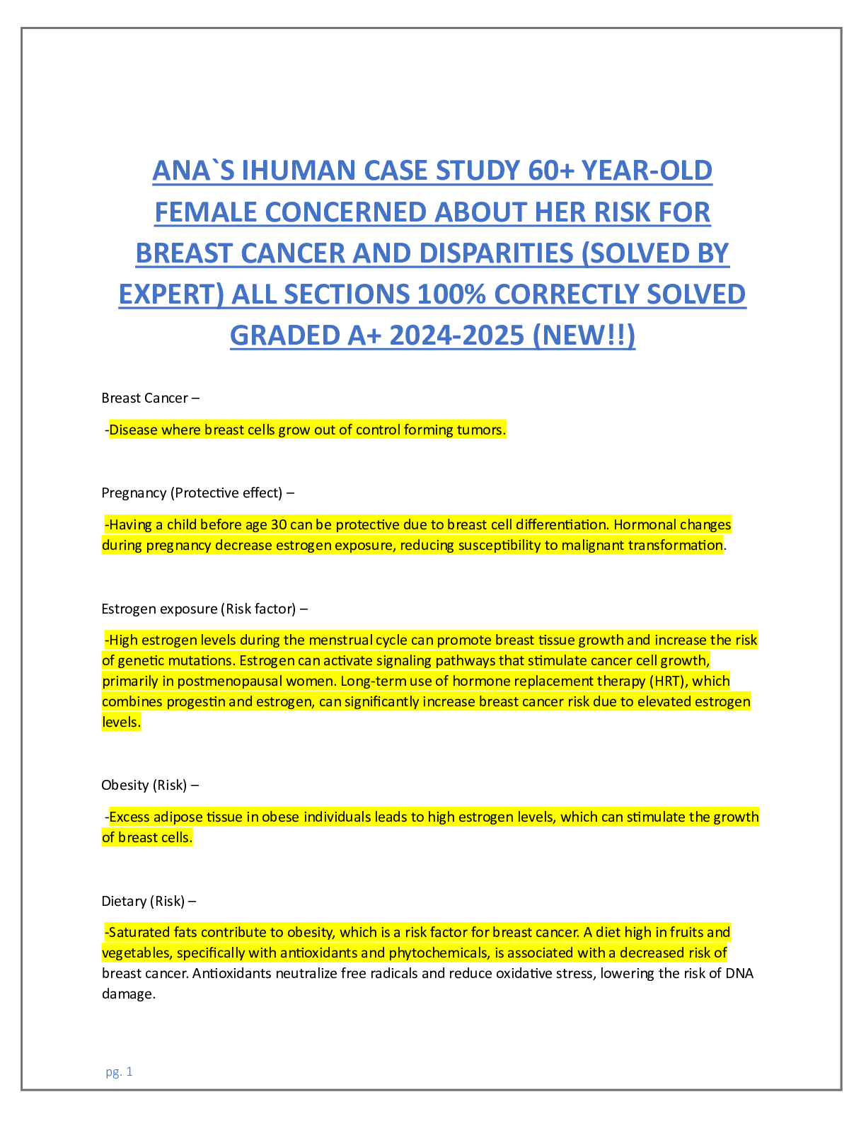 Preview image for ANA`S IHUMAN CASE STUDY 60+ YEAR-OLD FEMALE CONCERNED ABOUT HER RISK FOR BREAST CANCER AND DISPARITIES (SOLVED BY EXPERT) ALL SECTIONS 100% CORRECTLY SOLVED  GRADED A+ 2024-2025 (NEW!!)