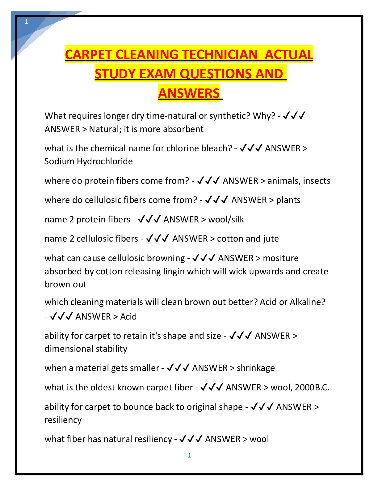 Preview image for CARPET CLEANING TECHNICIAN ACTUAL STUDY EXAM QUESTIONS AND  ANSWERS