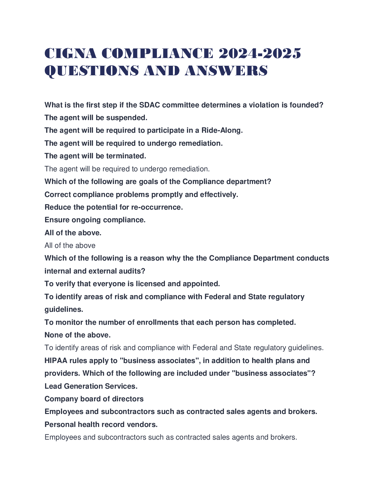 Preview image for CIGNA COMPLIANCE 2024-2025 QUESTIONS AND ANSWERS