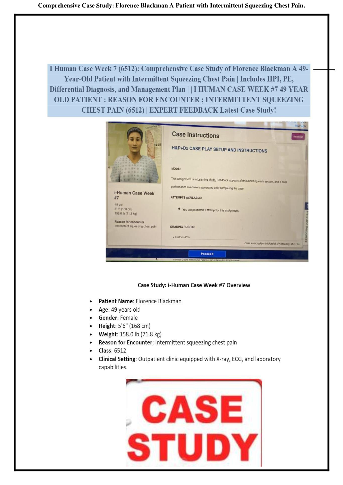 Preview image for Comprehensive Case Study: Florence Blackman A Patient with Intermittent Squeezing Chest Pain.