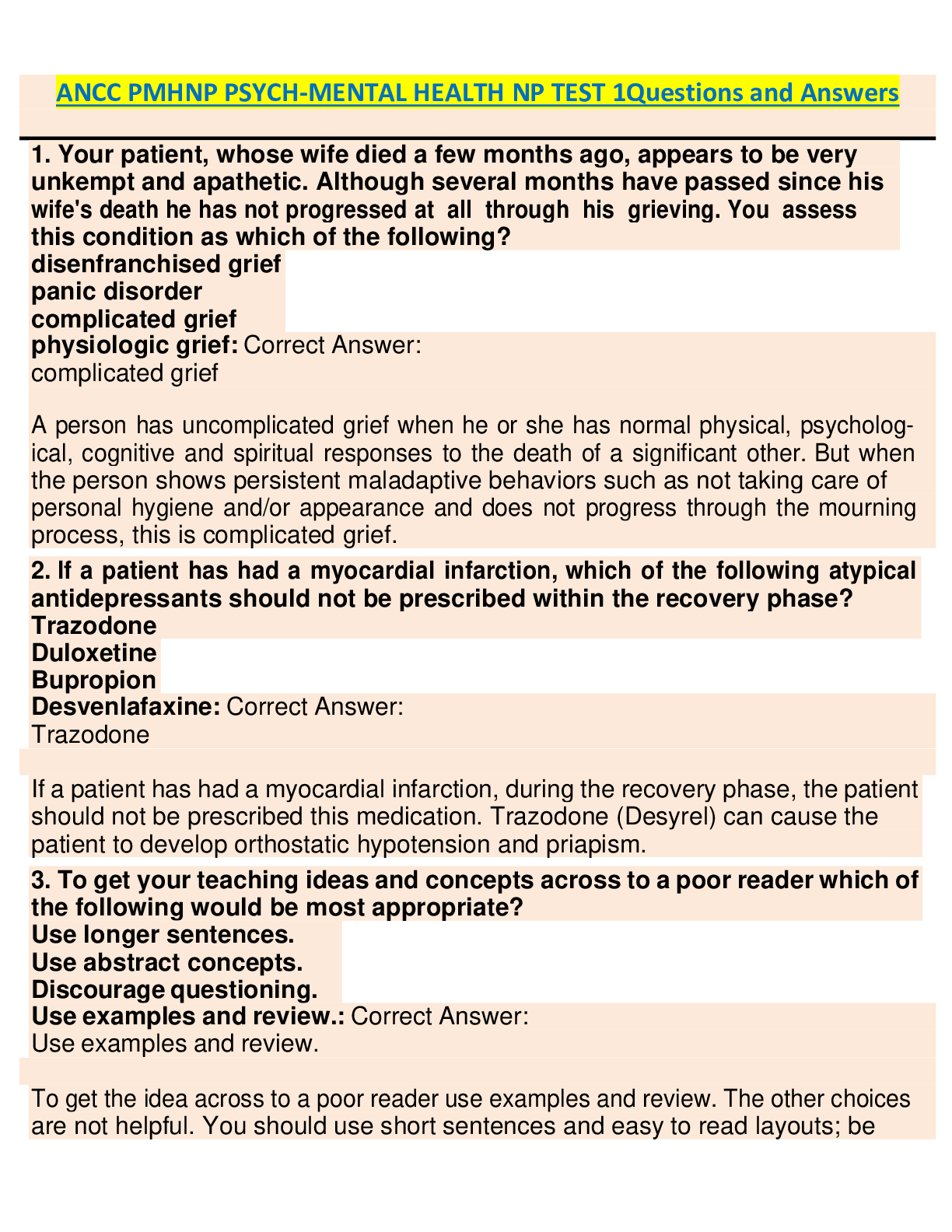 Preview image for ANCC PMHNP PSYCH-MENTAL HEALTH NP TEST 1Questions and Answers