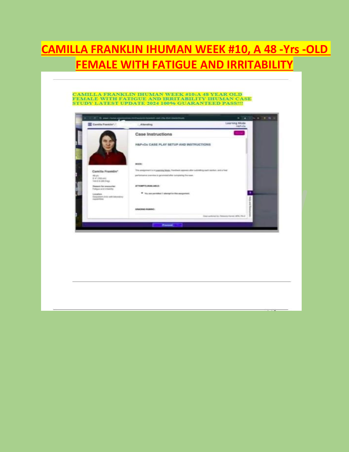 Preview image for CAMILLA FRANKLIN IHUMAN WEEK #10, A 48 -Yrs -OLD  FEMALE WITH FATIGUE AND IRRITABILITY