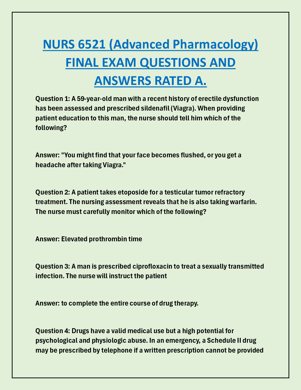 Preview of NURS 6521 (Advanced Pharmacology)  FINAL EXAM QUESTIONS AND  ANSWERS RATED A.