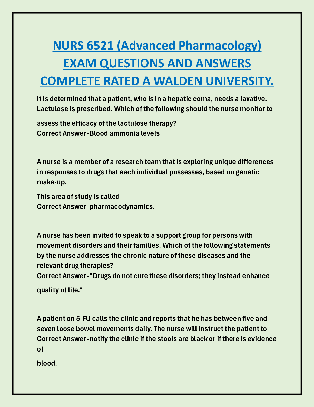 Preview of NURS 6521 (Advanced Pharmacology)  EXAM QUESTIONS AND ANSWERS  COMPLETE RATED A WALDEN UNIVERSITY