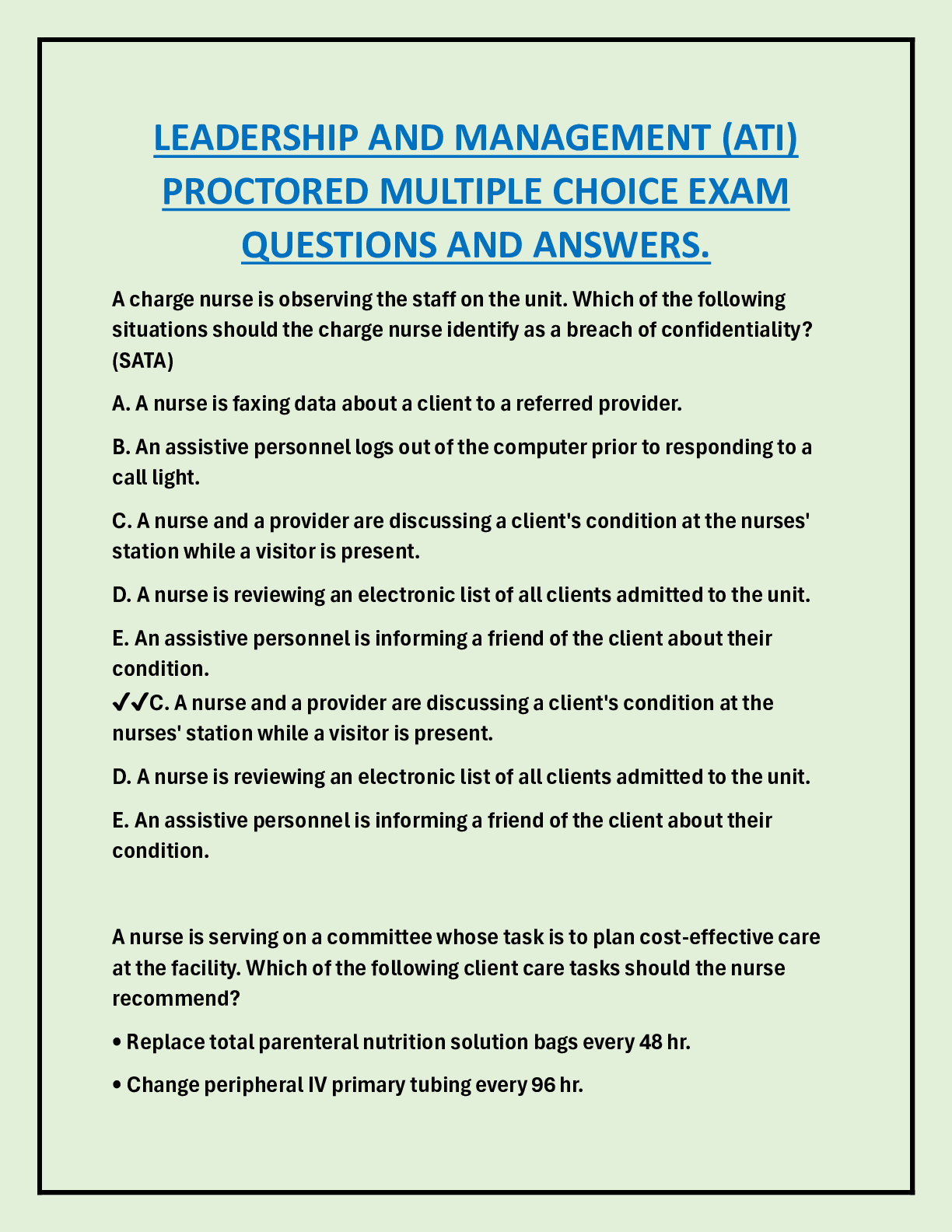 Preview image for LEADERSHIP AND MANAGEMENT (ATI)  PROCTORED MULTIPLE CHOICE EXAM  QUESTIONS AND ANSWERS.