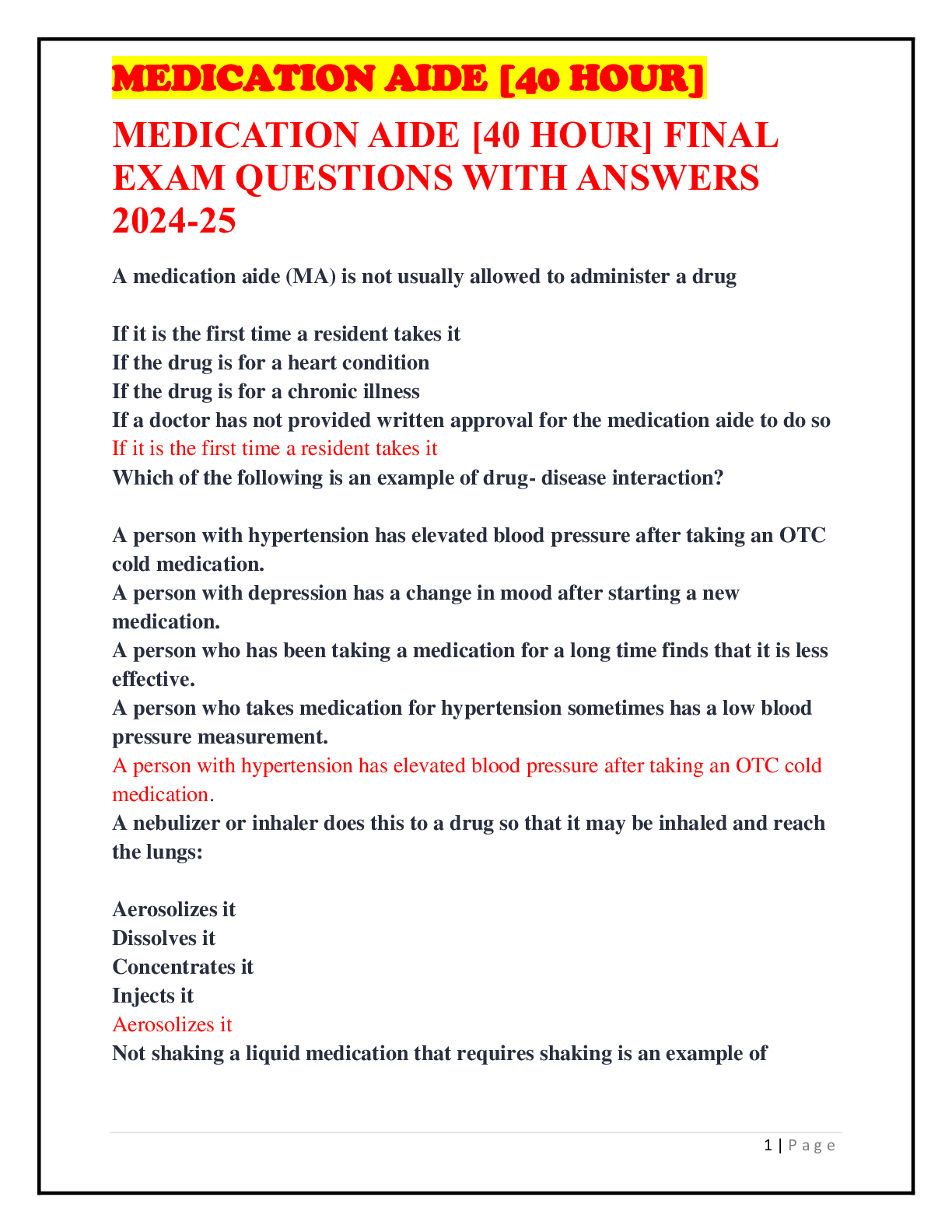 Preview image for MEDICATION AIDE [40 HOUR] FINAL EXAM QUESTIONS WITH ANSWERS 2024-25