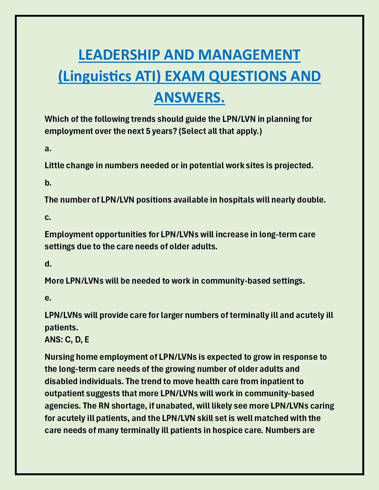 Preview of LEADERSHIP AND MANAGEMENT  (Linguistics ATI) EXAM QUESTIONS AND  ANSWERS
