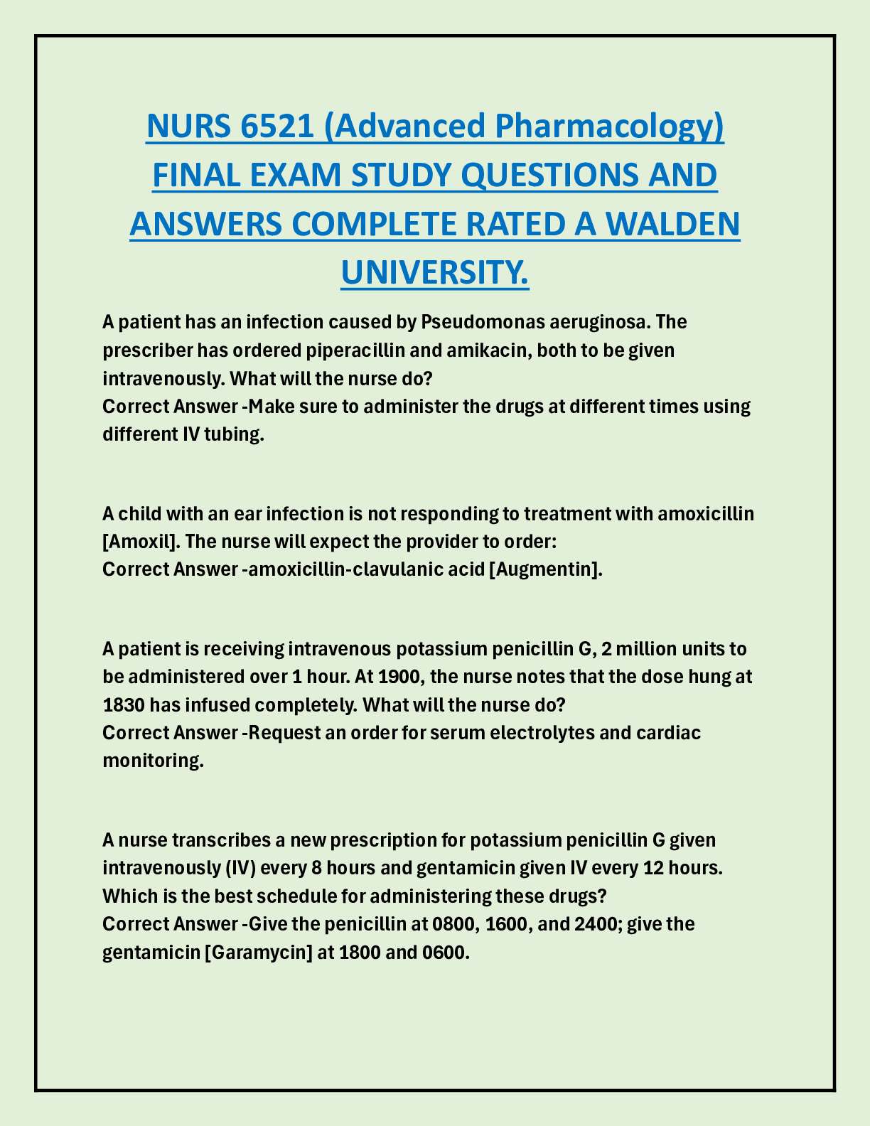 Preview of NURS 6521 (Advanced Pharmacology)  FINAL EXAM STUDY QUESTIONS AND  ANSWERS COMPLETE RATED A WALDEN  UNIVERSITY.