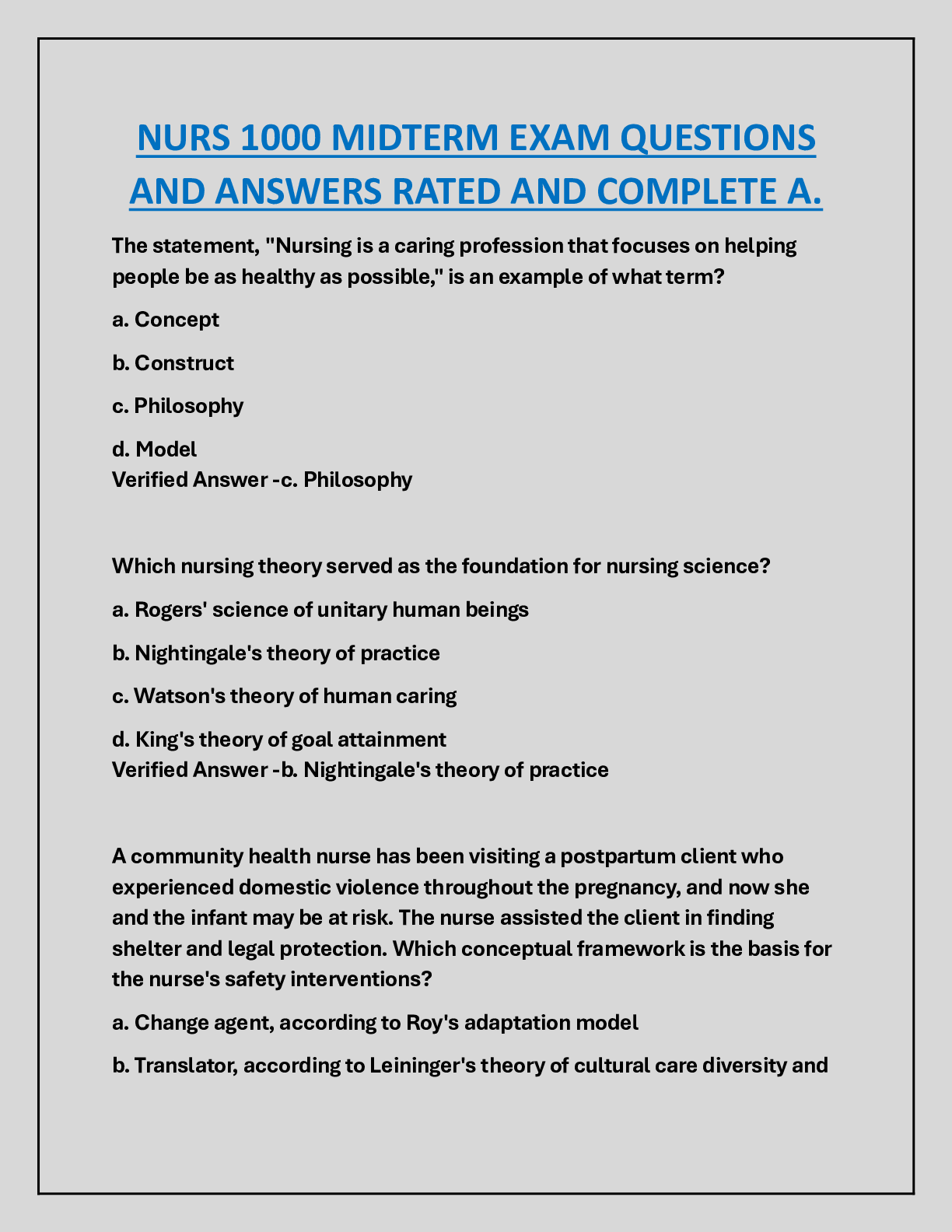 Preview image for NURS 1000 MIDTERM EXAM QUESTIONS  AND ANSWERS RATED AND COMPLETE A.