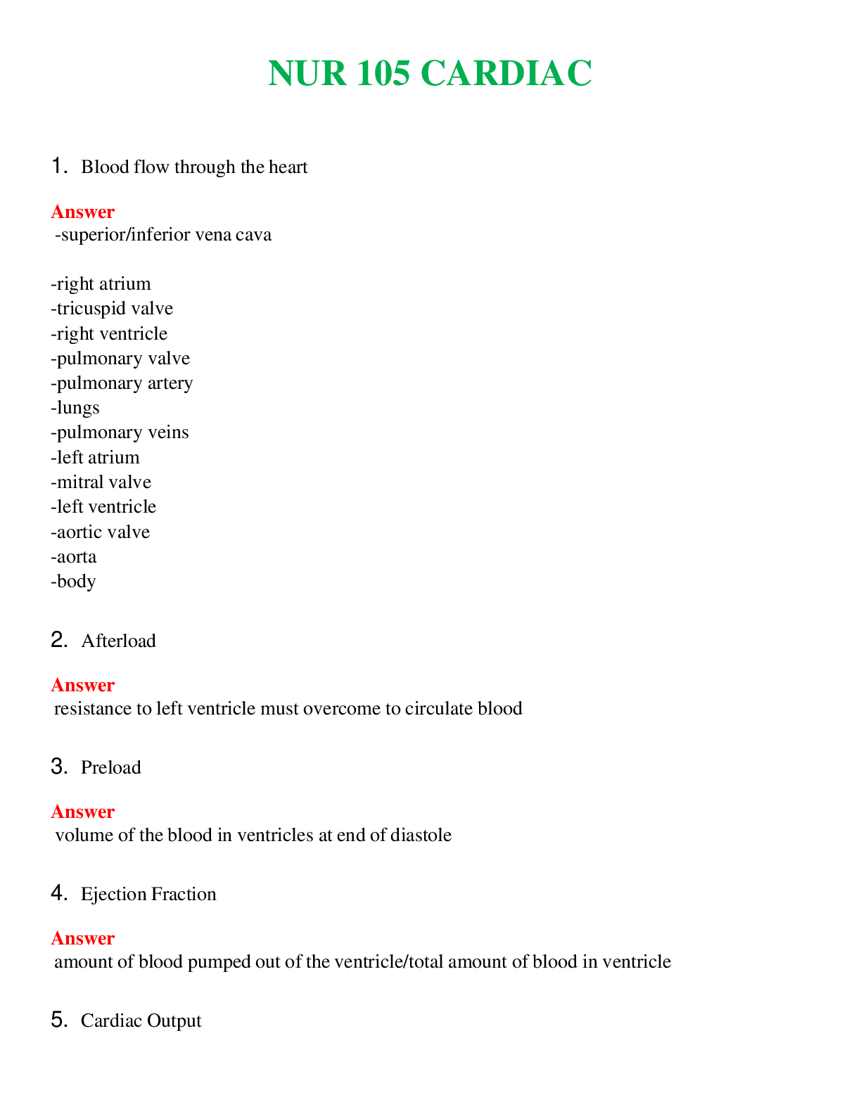 NUR 105   CARDIAC | COMPLETE ANSWERS 100% CORRECT