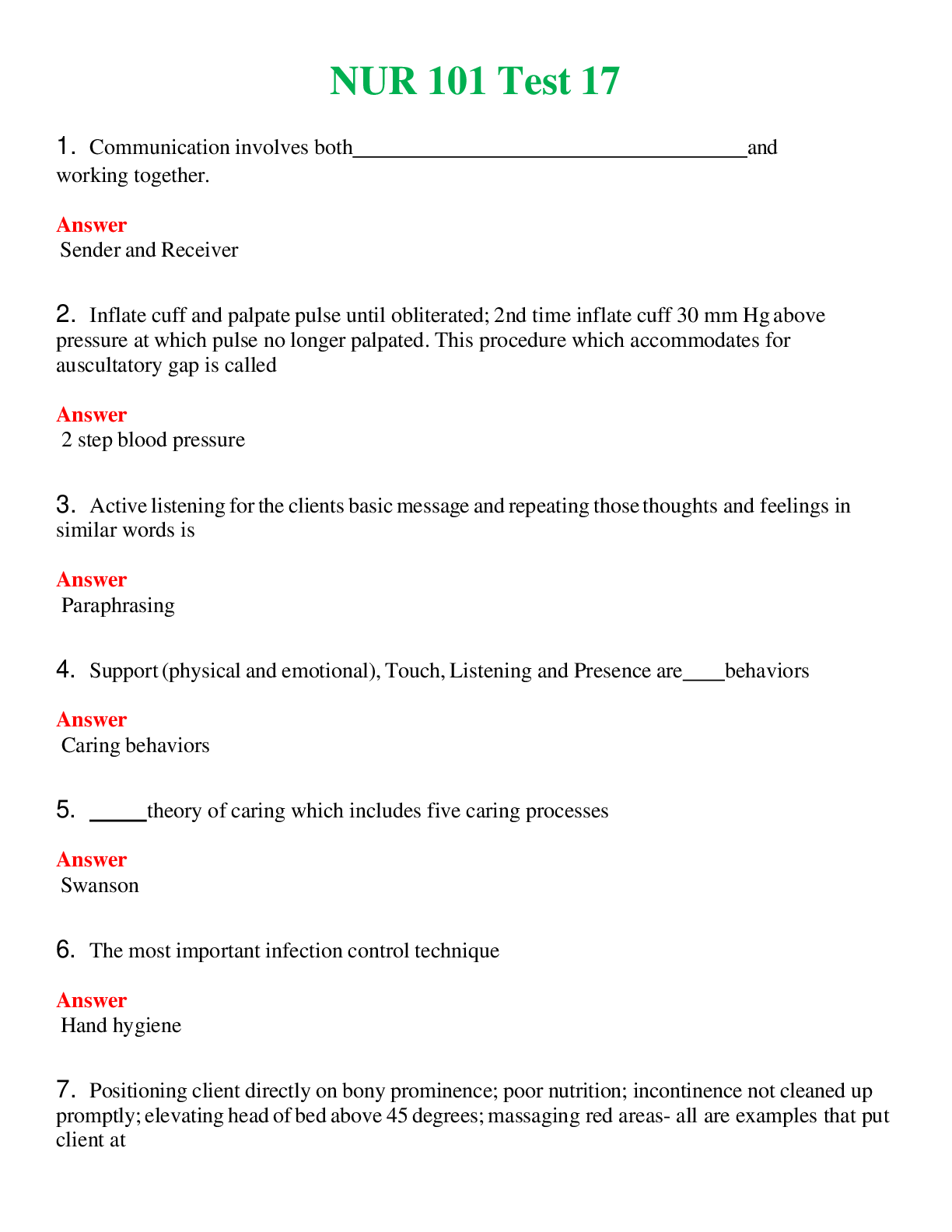 NUR 101   TEST 17 | COMPLETE ANSWERS 100% CORRECT
